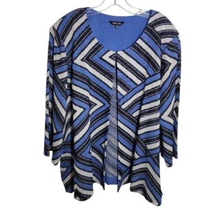 Misook geometric blue black white cardigan size 3X